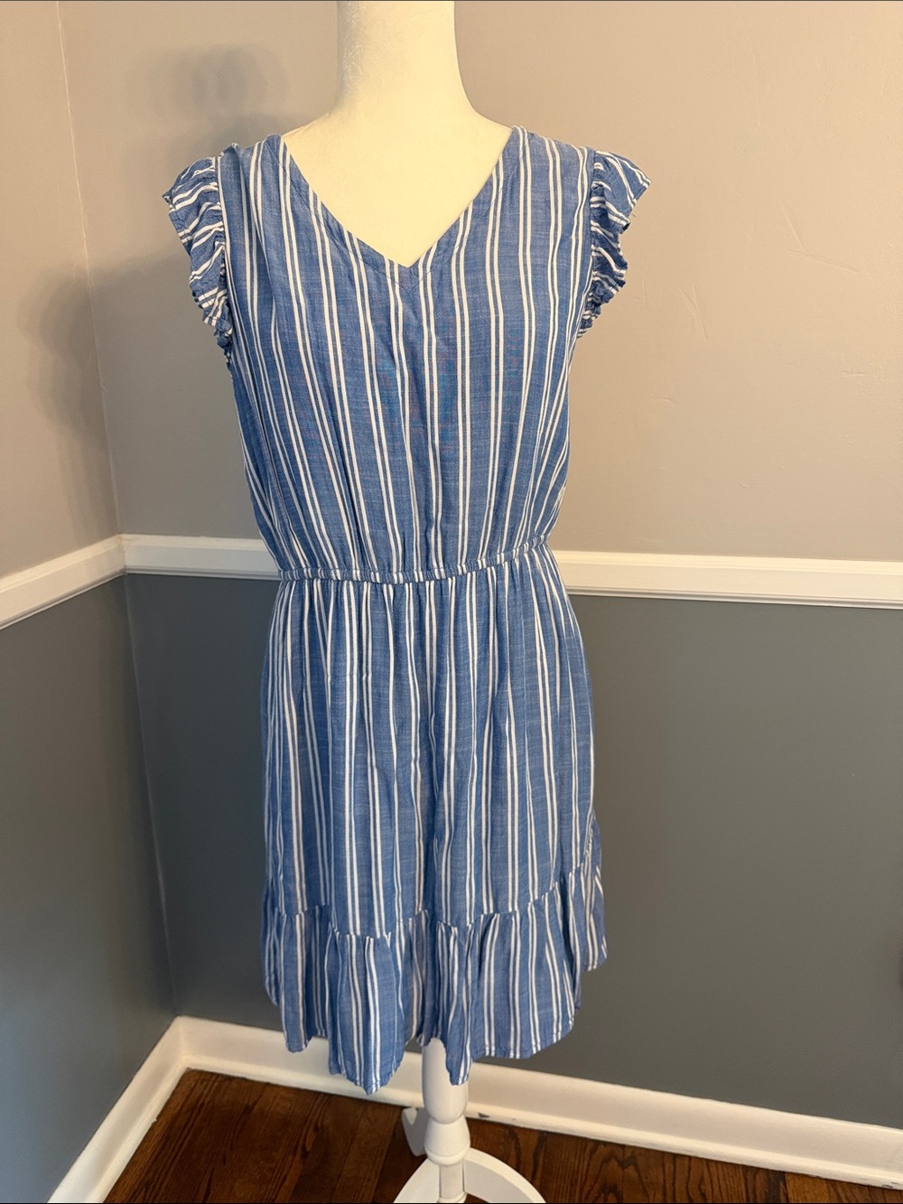 Ann Taylor Factory Blue and White Striped V-Neck Sundress
